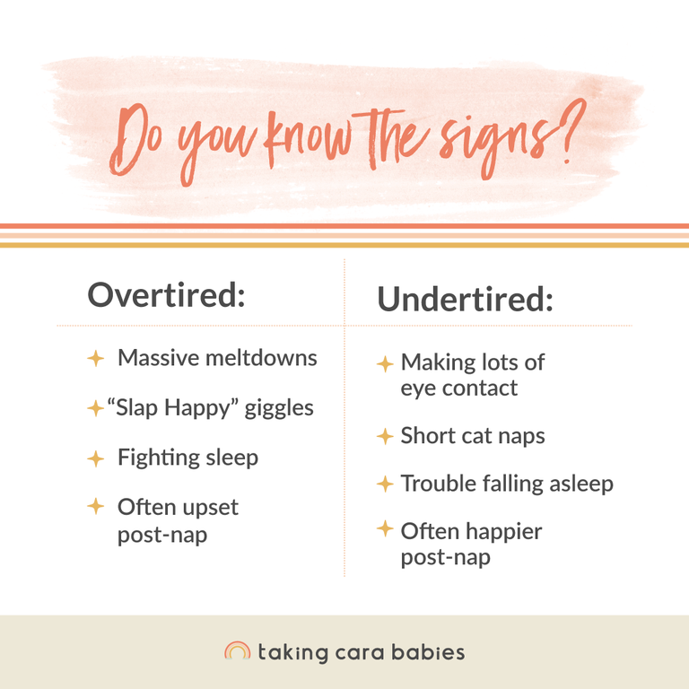 Do you know the signs? Overtired: Massive meltdowns; "Slap Happy" giggles; Fighting sleep; Often upset post-nap. Undertired: Making lots of eye contact; Short cat naps; Trouble falling asleep; Often happier post-nap