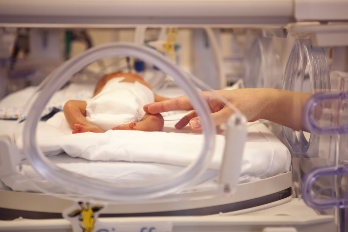 a closeup of a NICU incubator shows an adult hand touching a preemie dressed in a diaper 