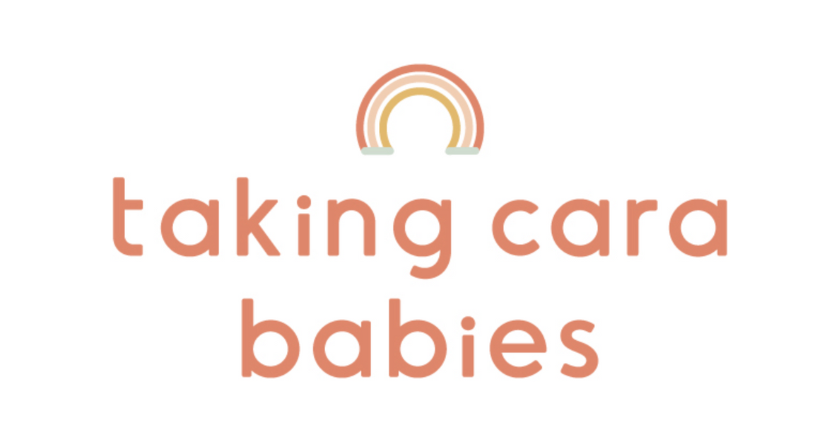 The logo for Taking Cara Babies with a rainbow on top
